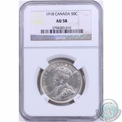 50-cent 1918 NGC Certified AU-58. A very attractive coin with lustrous fields. Coin shows as a Mint 