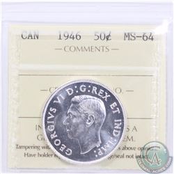 50-cent 1946 ICCS Certified MS-64. Brilliant coin with mirror like fields and light cameo that makes