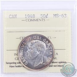 50-cent 1948 ICCS Certified MS-63. A nice original coin with soft white fields accented by hints of 