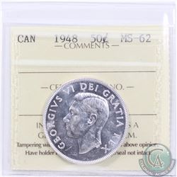 50-cent 1948 ICCS Certified MS-62. A nice full white key date coin with.