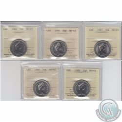 50-cent 1984, 1986, 1987, 1988 & 1989 ICCS Certified MS-65. 5pcs