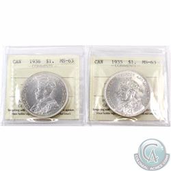 Silver $1 1935 & 1936 ICCS Certified MS-63. 2pcs