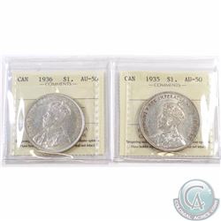Silver $1 1935 & 1936 ICCS Certified AU-50. 2pcs