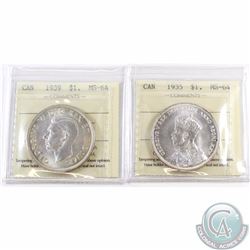 Silver $1 1935 & 1939 ICCS Certified MS-64. 2pcs