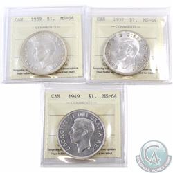 Silver $1 1937, 1939 & 1949 ICCS Certified MS-64. 3pcs