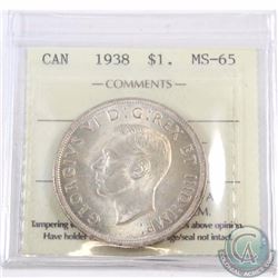 Silver $1 1938 ICCS Certified MS-65. A rare coin in this grade, this choice coin features soft satin