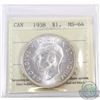 Image 1 : Silver $1 1938 ICCS Certified MS-64. A near blast white coin with frosty fields.