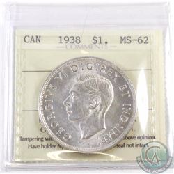 Silver $1 1938 ICCS Certified MS-62