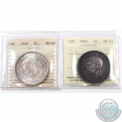 Silver $1 1939 & 1951 ICCS Certified MS-64. Both coins are toned. Please view scan before bidding. 2