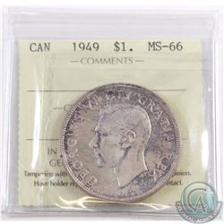 Silver $1 1949 ICCS Certified MS-66. Pretty coin, milky satin lustrous surfaces with a cameo that wa