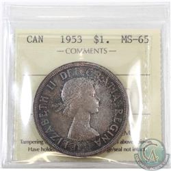 Silver $1 1953 SF ICCS Certified MS-65! A softly toned coin with darker edges and brighter centers w