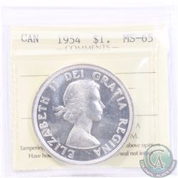 Silver $1 1954 ICCS Certified MS-65. An Attractive bright coin tied for the 2nd highest grade by ICC