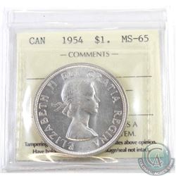 Silver $1 1954 ICCS Certified MS-65. A Nice rolling lustrous coin with near fully white fields.