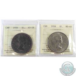 Silver $1 ICCS Certified 1956 AU-58 blue toning & 1958 MS-64 semi-lustrous silver grey toning. 2pcs