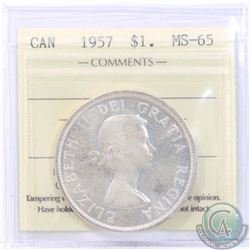 Silver $1 1957 ICCS Certified MS-65. Tied for the highest grade by ICCS. A lustrous coin with light 