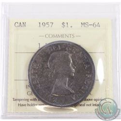 Silver $1 1957 1 Waterline ICCS Certified MS-64. Nice even toning on the obverse and reverse of the 