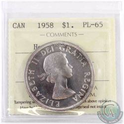 Silver $1 1958 ICCS Certified PL-65 Heavy Cameo. Satin lustre with gorgeous mauve toning on the reve