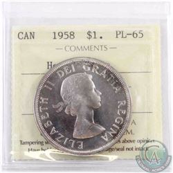 Silver $1 1958 ICCS Certified PL-65 Heavy Cameo. Satin lustre with gorgeous mauve toning on the reve