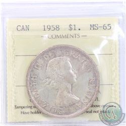 Silver $1 1958 ICCS Certified MS-65! Soft Rose toning over lustrous fields.