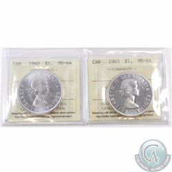 Silver $1 1960 & 1963 ICCS Certified MS-64. 2pcs