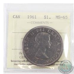 Silver $1 1961 ICCS Certified MS-65. Nice even toning on the obverse and reverse of the coin.