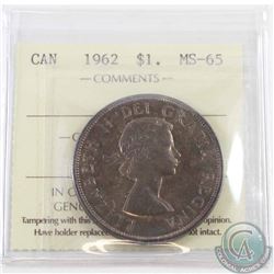 Silver $1 1962 ICCS Certified MS-65. Nice even toning on the obverse and reverse of the coin. Tied f