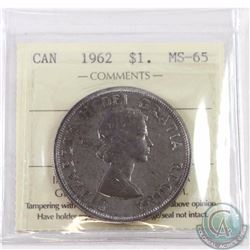Silver $ 1962 ICCS Certified MS-65. Nice even tone in shades of red, blue, green throughout.