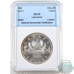 Silver $1 1965 Large Beads, Blunt 5 National Numismatic Certification MS-65. We recommend that you v