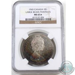 Silver $1 1965 Large Beads Pointed 5 NGC Certified MS-65. Exceptional Eye appeal with half moon rain