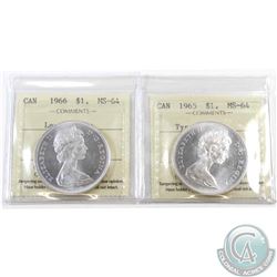 Silver $1 1965 Type V Cameo & 1966 Large Beads ICCS Certified MS-64. 2pcs