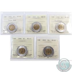 $2 2000 Knowledge, 2003, 2004, 2005 & 2006 ICCS Certified MS-65. 5pcs