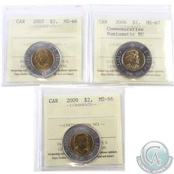$2 2006 Commemorative MS-67 NBU, 2007 MS-66 & 2009 MS-66. 3pcs