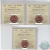 Image 1 : 1-cent 1955 SF Hanging 5, 1959 Hanging 9 & 1964 Hanging 4 ICCS Certified MS-65. 3pcs