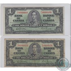 BC-21c. Pair of 1937 Bank of Canada $1, Gordon-Towers, High Serial Numbers, S/N: S/A9999979/R/L99999