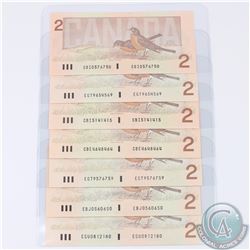 Group Lot of Seven 1986 Bank of Canada $2 3/4 digit RADAR notes, S/N: CBI0576750, EGT9654569, CBI514