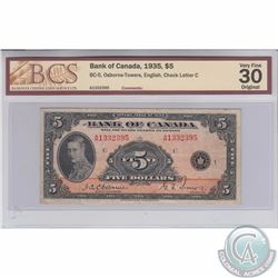 BC-5. 1935 Bank of Canada $5, English, Osborne-Towers, S/N: A1332395, BCS Certified VF-30, Original