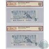 Image 1 : BC-56c-i. Pair of Consecutive low serial numbered 1986 Bank of Canada $5, Bonin-Thiessen, S/N: ANA00