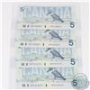 Image 1 : Group Lot of Four 1986 Bank of Canada $5 3/4 digit RADAR notes, S/N: GPH1230321, GPH1232321, GPH1261