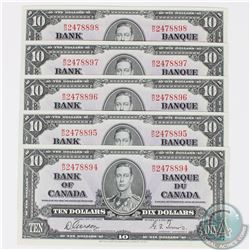 BC-24b. Run of 5 Consecutive 1937 Bank of Canada $10, Gordon-Towers, S/N: W/D2478894-98 all in Almos