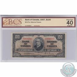 BC-27a. 1937 Bank of Canada $100, Osborne-Towers, S/N: A/J0006607, BCS Certified EF-40, Original. A 