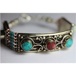 Tibet Hand Made Turquoise, Coral, Lapis Lazuli Bracelet