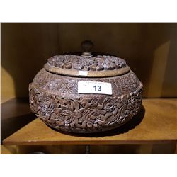 HIGHLY CARVED SOUTH ASIAN BOWL WITH BRASS LINER