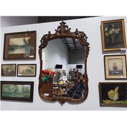 HIGHLY CARVED MAHOGANY FRAMED WALL MIRROR APPROX 28"W X 36"