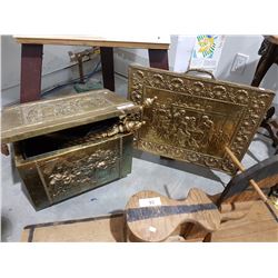 BRASS WOOD BOX, FIRESCREEN AND LARGE COMPANION SET