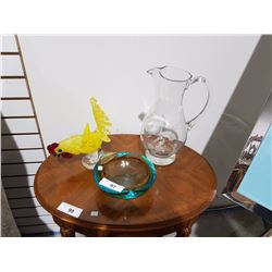 MURANO BOWL, ART GLASS CHICKEN AND CRYSTAL PITCHER
