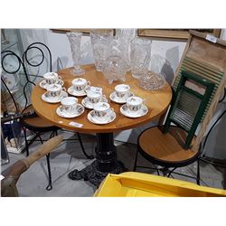 BISTRO TABLE AND 2 WROUGHT IRON CHAIRS