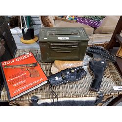 AMMO BOX, GUN DIGEST & 4 HOLSTERS