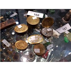 6 PCS OF BRASS PILL BOXES, COMPASS