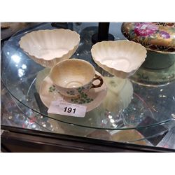 2 BELLEEK HEARTS AND TEACUP & SAUCER 3RD BLACK MARK