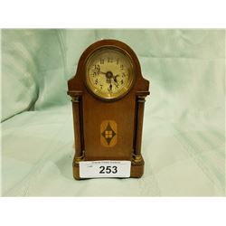 SMALL INLAID WOOD MANTLE CLOCK